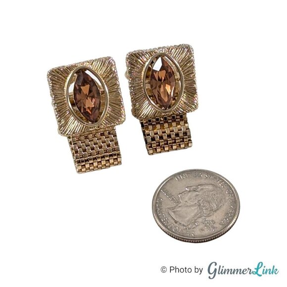 VTG Geometric Square Marquise Topaz Glass Wrap Around Mesh Gold Tone Cufflinks - Picture 4 of 8